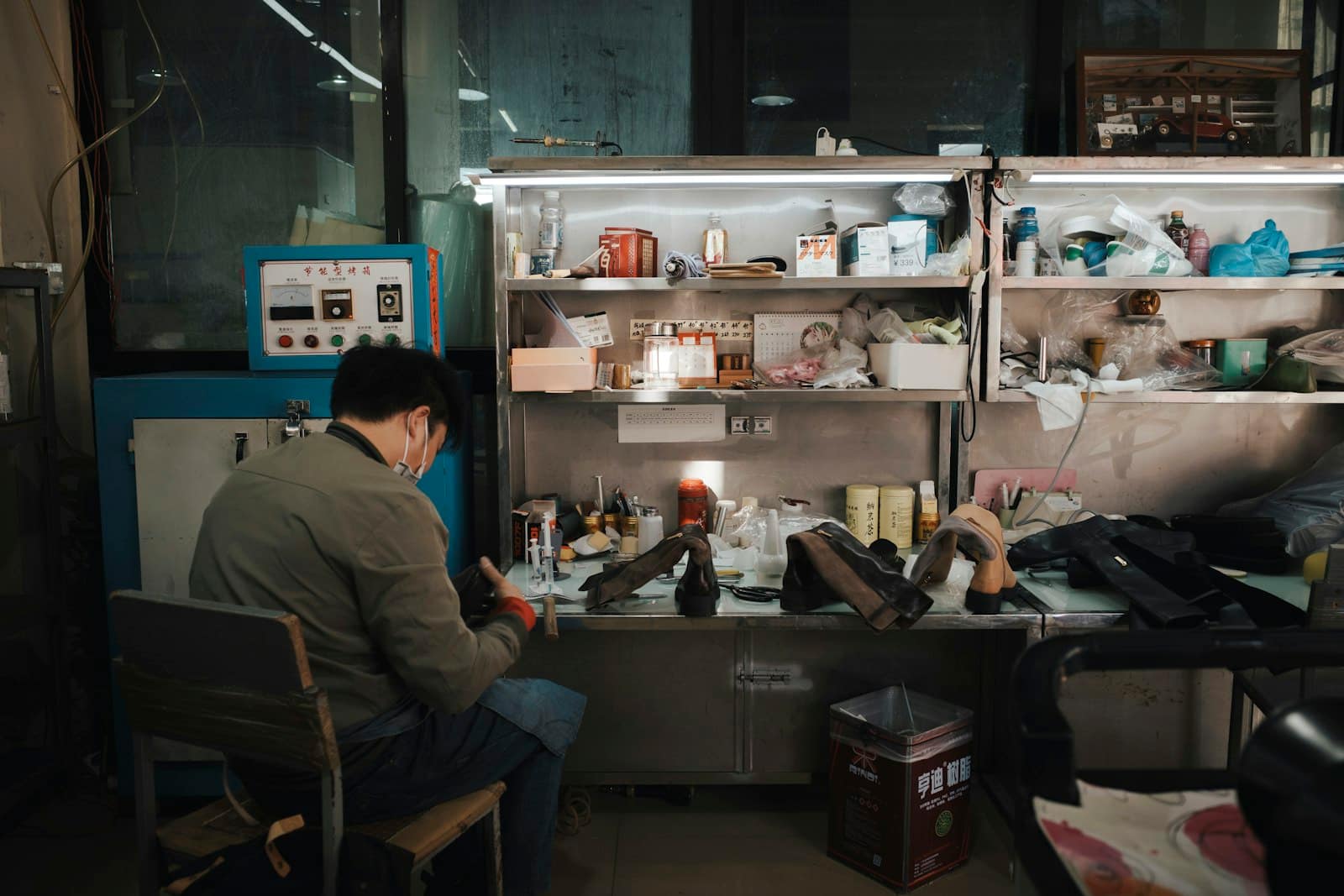 A shoemaker at a cluttered workbench under a fluorescent lamp, shelves of materials behind him
